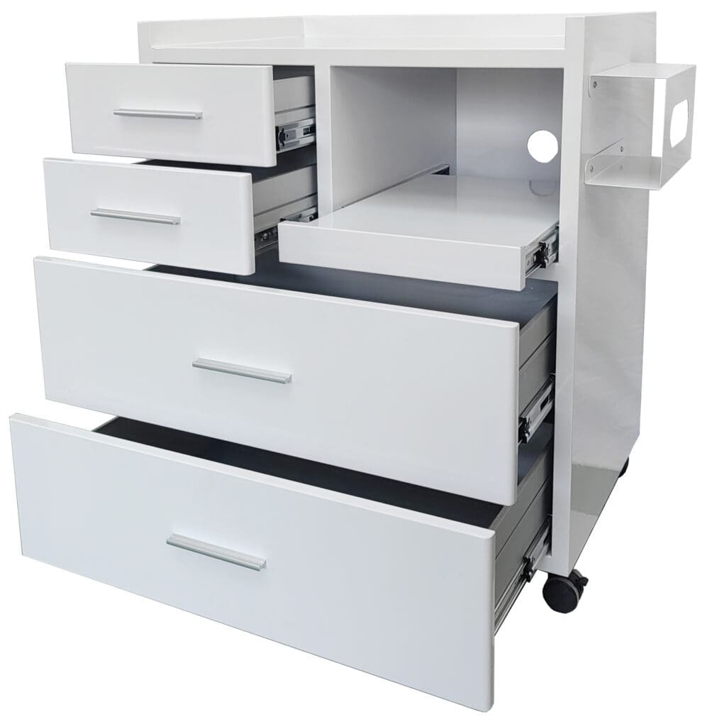 Medical Trolleys Workstation Powdercoated PCDUBL Podiatry Cabinets Double Drawers Open