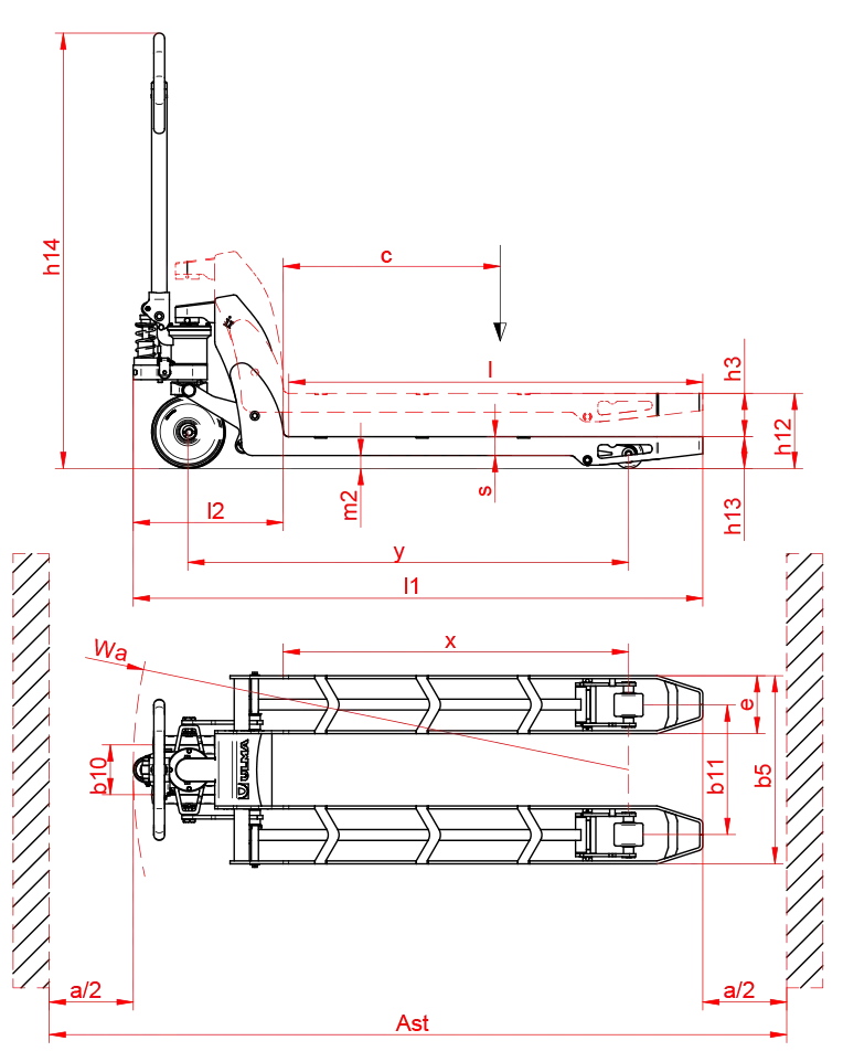 Pallet Truck Cleanroom Stainless Steel MPT15 dimensions diagram